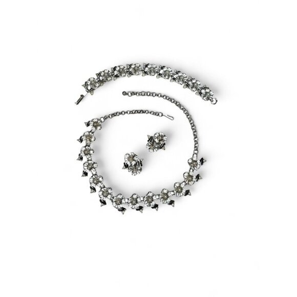 Judy Lee Vintage Floral Crystal Necklace Bracelet & Clip-On Earrings Set - Picture 3 of 16